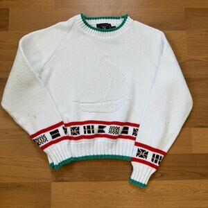 Women's Vintage 90's Lake Harmony Rowing Club Sail Boat White Knit Sweater Sz L